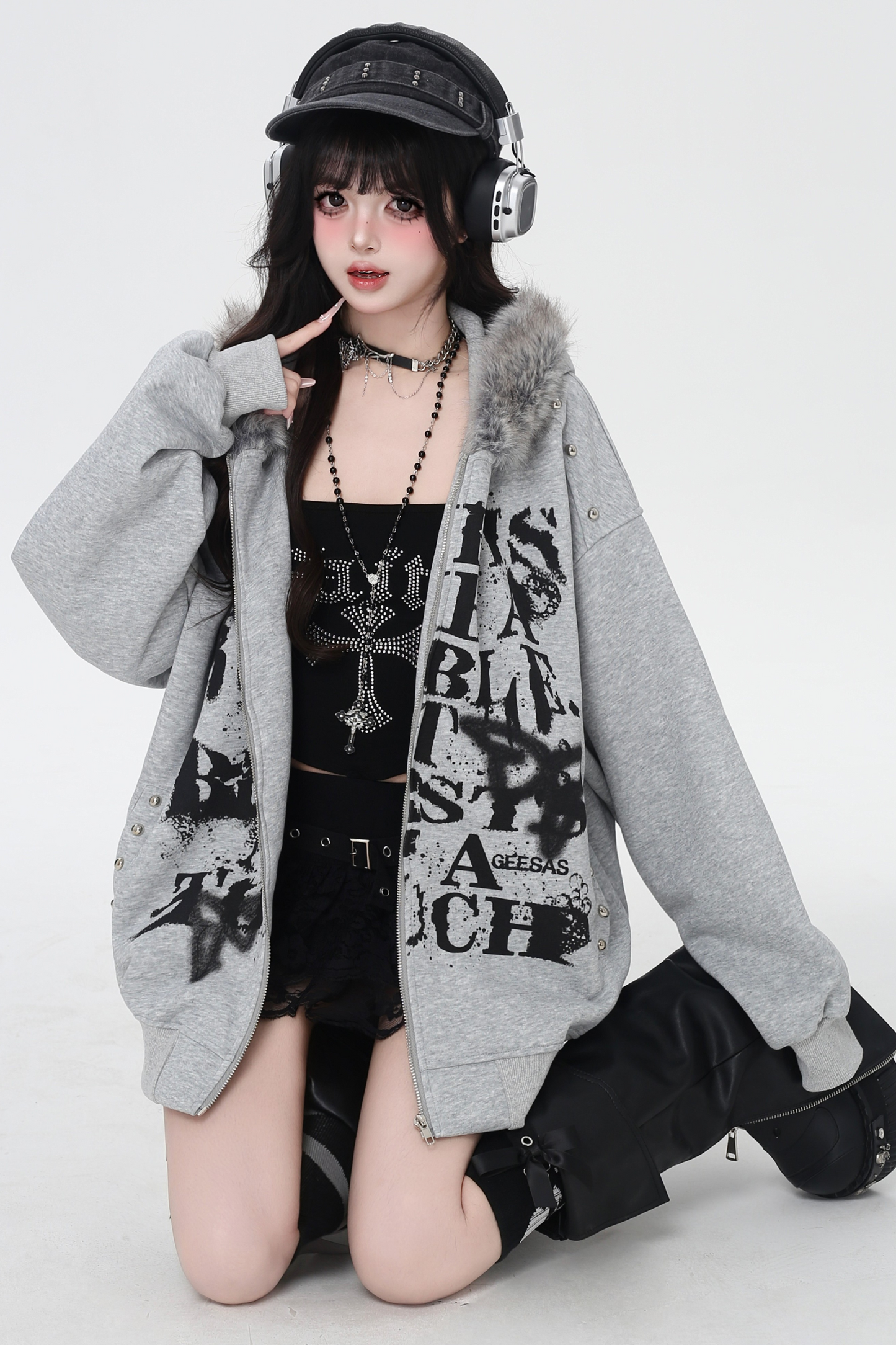 アメリカンレトロレターストリートファーフードパーカー