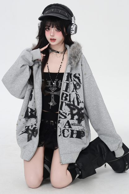 アメリカンレトロレターストリートファーフードパーカー