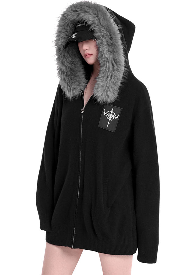 ファーフードルーズポイントクロスジップパーカー