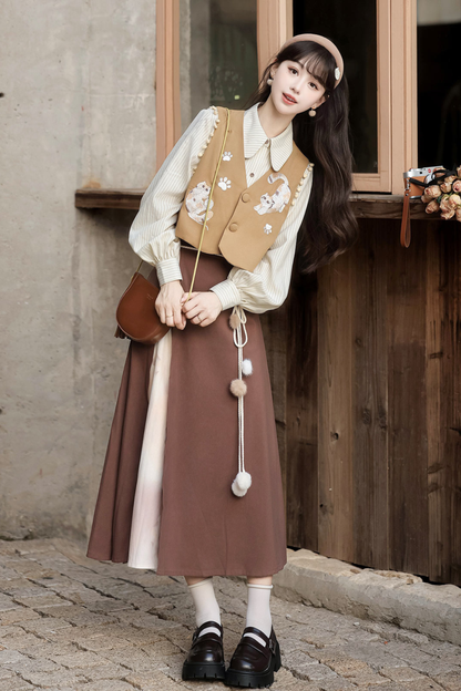 レトロキャットベスト+トップス+スカート