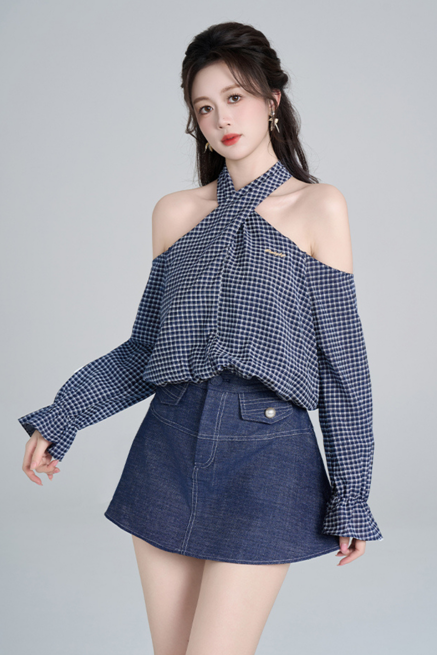 Chemise bustier à carreaux + jupe en jean