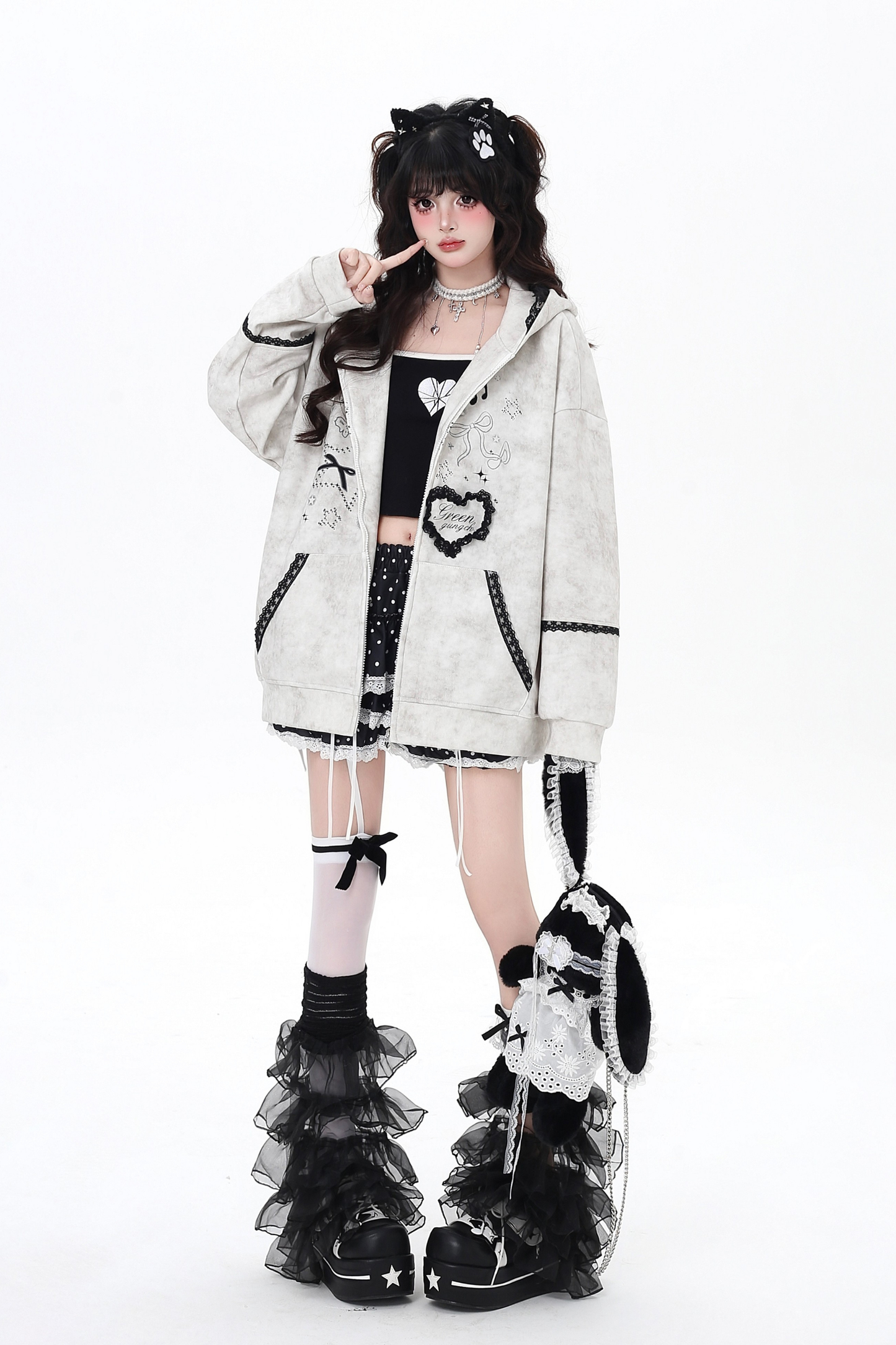 レースバニーフードルーズパーカー