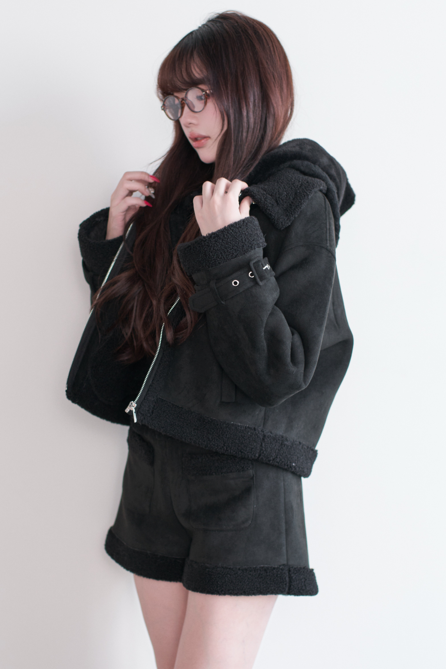 ファーショートコート+ショートパンツ