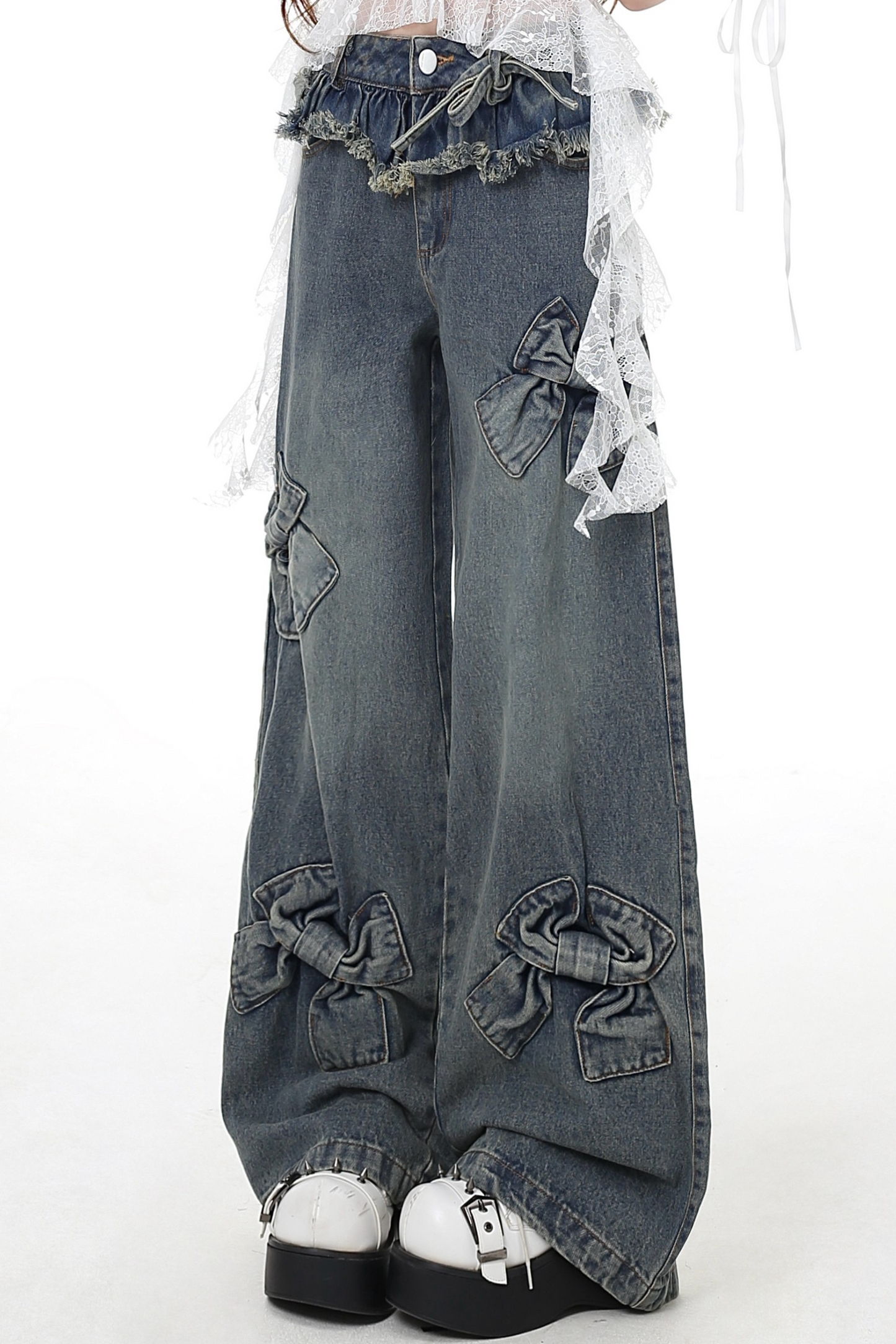 Retro Ribbon Denim Wide Loose Pants