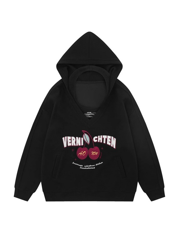 American Retro Cherry Embroidered Hooded Sweatshirt Loose Waffle Two Piece Set