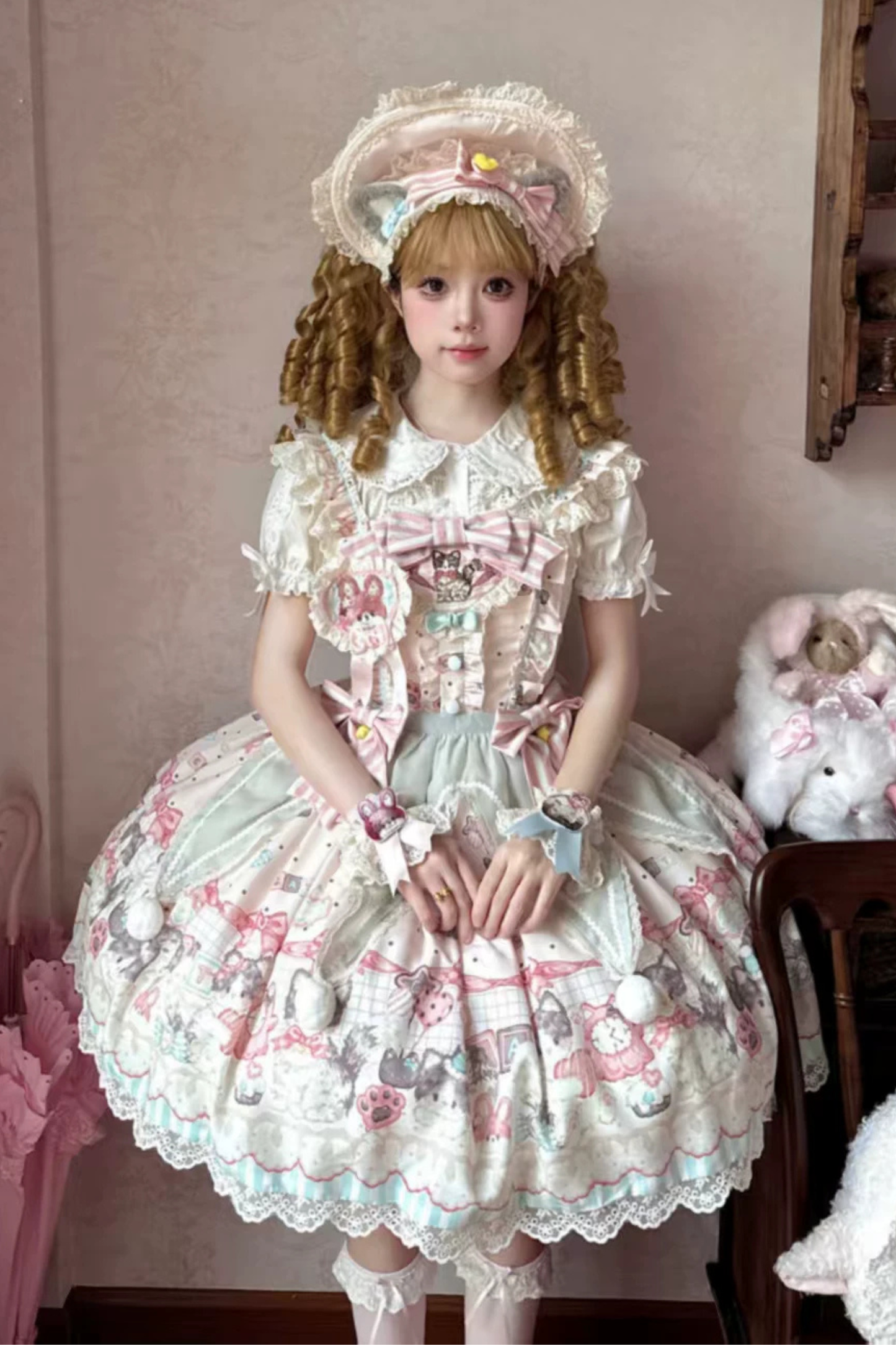 キャビネットロリータジャンパースカート+ドレス+ブローチ+ヘアバンド+ボンネット+エプロン+ハンドスリーブ