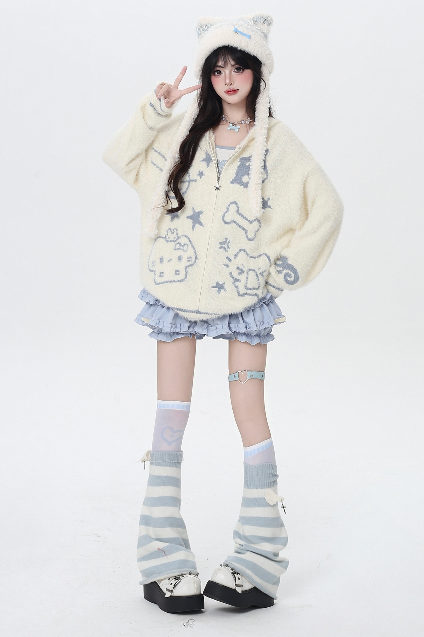 キャットジップフーセーターカーディガン