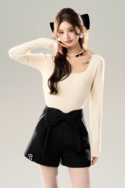 Wool square collar base slim top