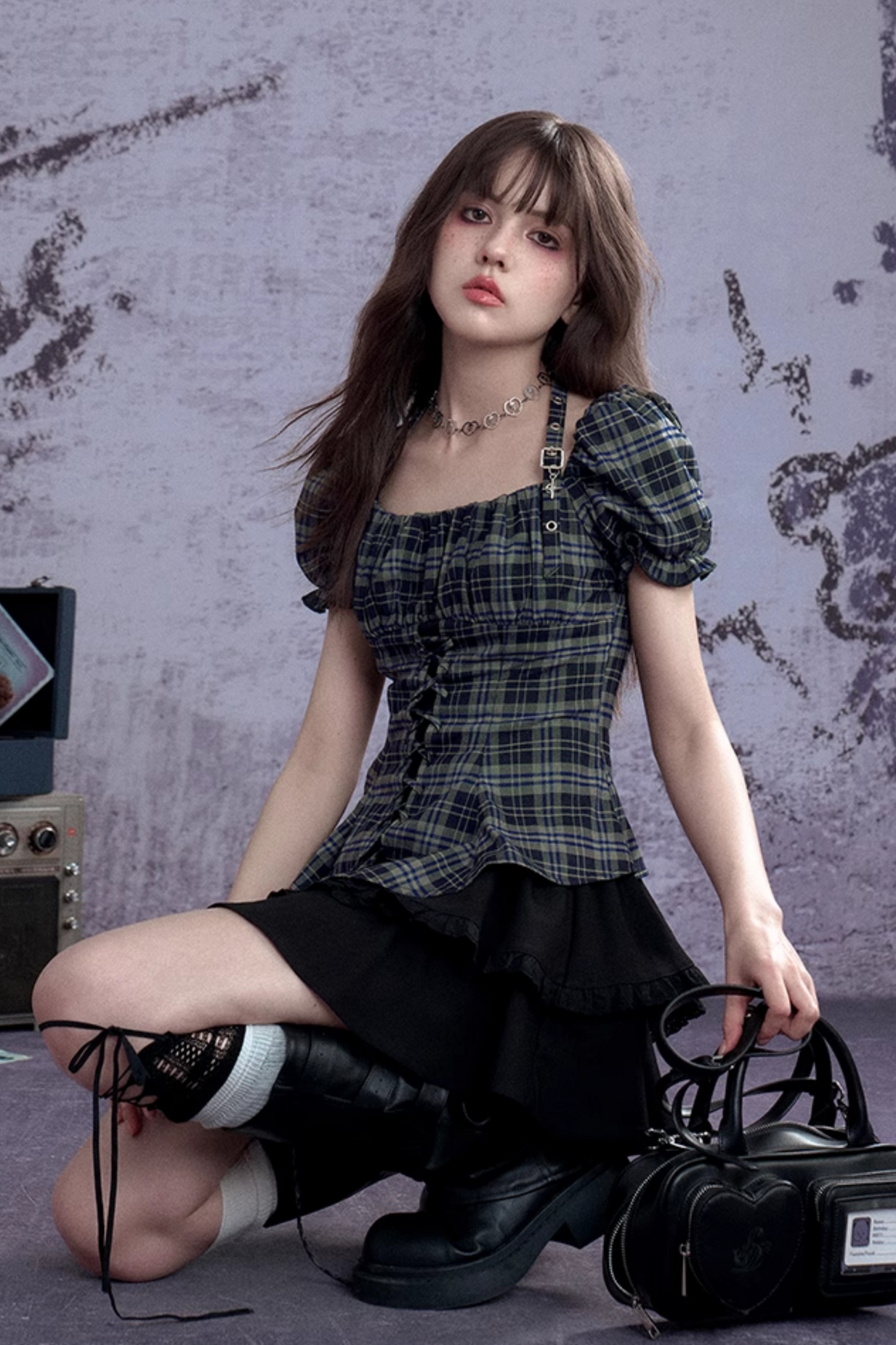 ヴィンテージグリーンチェックトップス