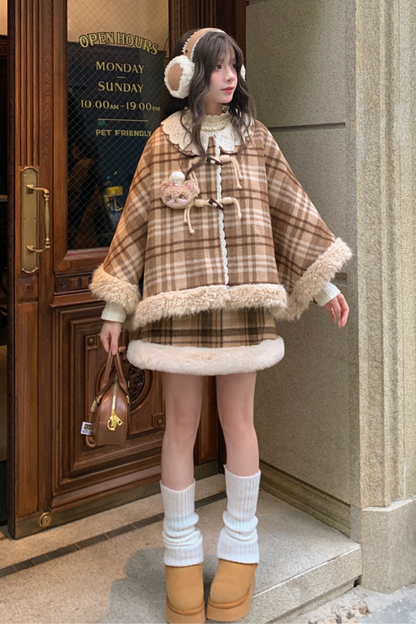 カラーブロックチェックマントコート