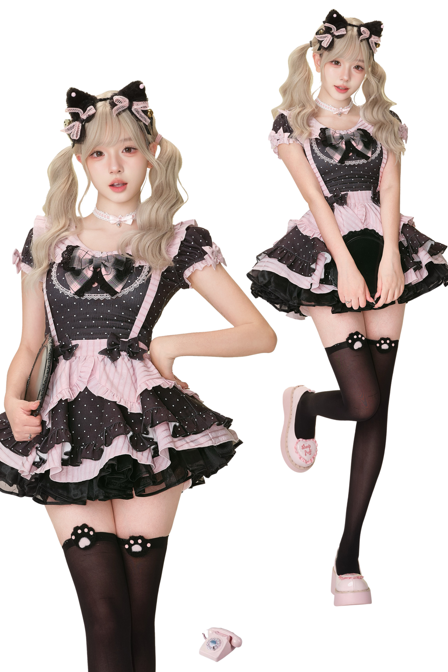Black cat maid dot top + suspender skirt + panniers