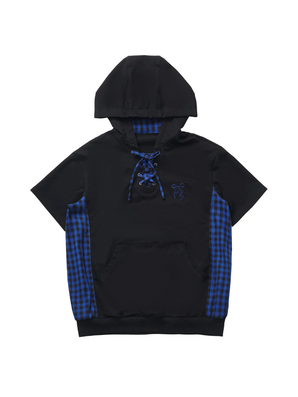 ブルーチェックステッチ猫耳フィーディーサマーストラップデザインスーツ