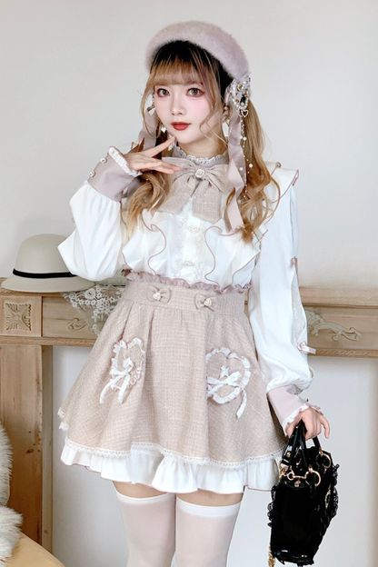 레이스 어깨 리본 블라우스 + 스커트