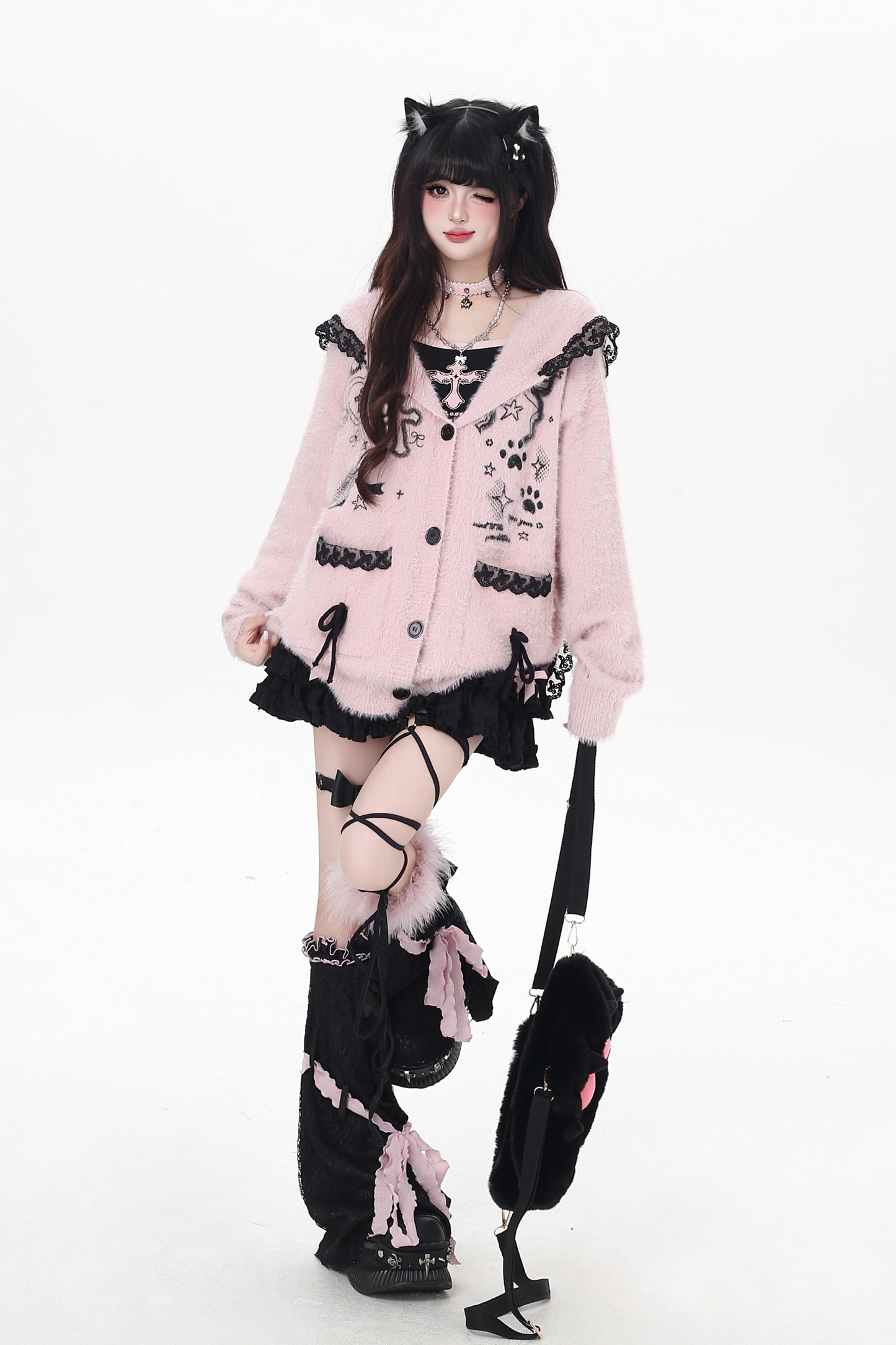 Lace hooded cardigan with rabbit ears