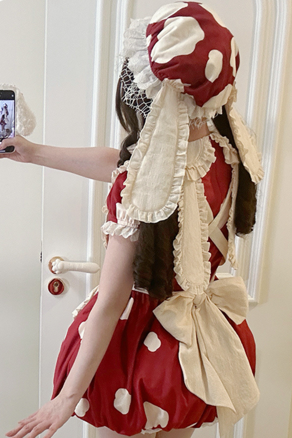 キノコドールワンピース+リボンフリルエプロン+フリルスリーブ+うさ耳ハット