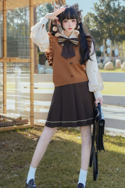 ファーカラーケープ＋ニットベスト＋シャツ＋プリーツスカート＋リボン