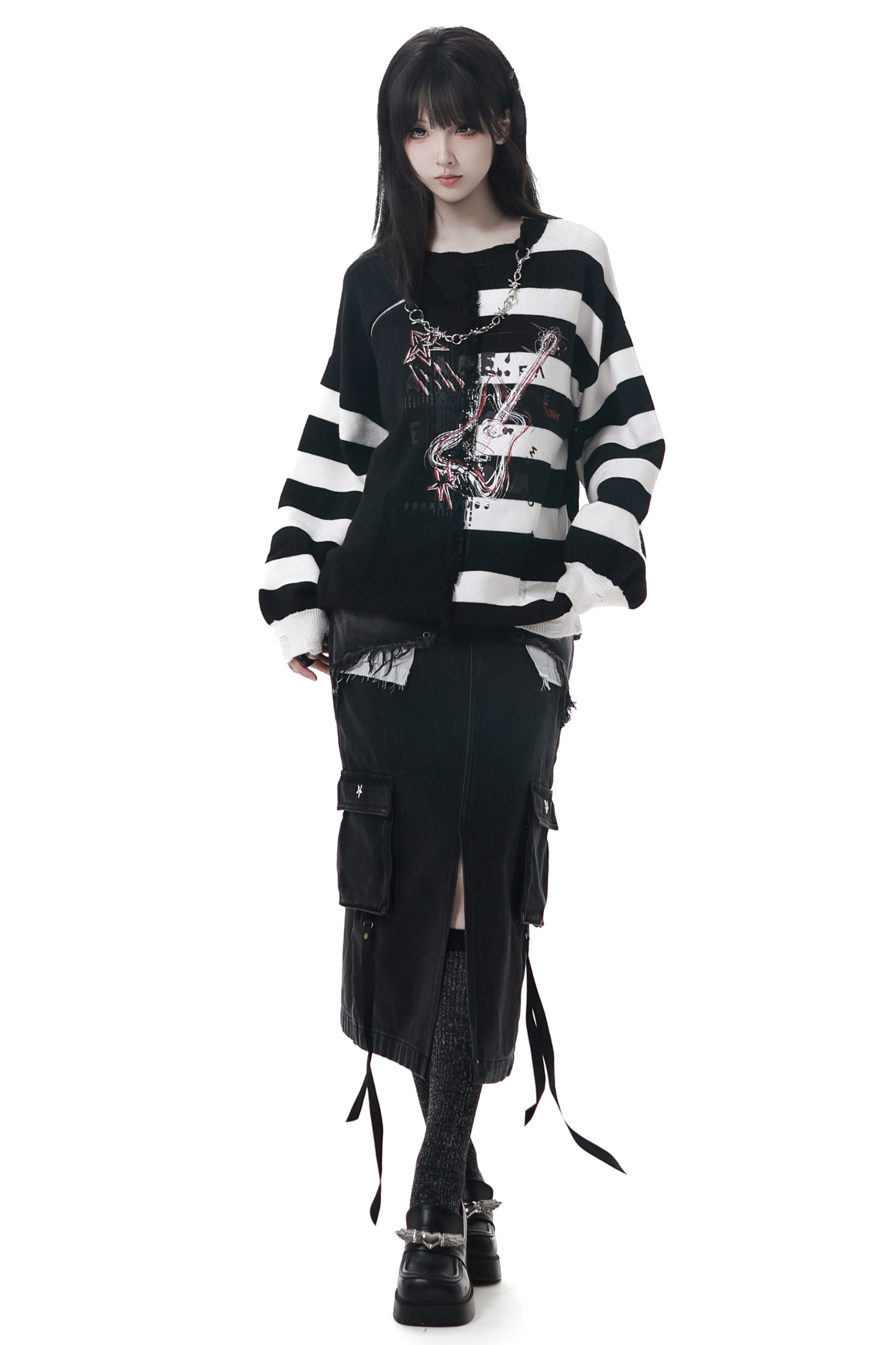 アシメボーダーセーター+デニムスカート