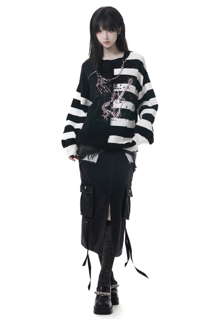 アシメボーダーセーター+デニムスカート