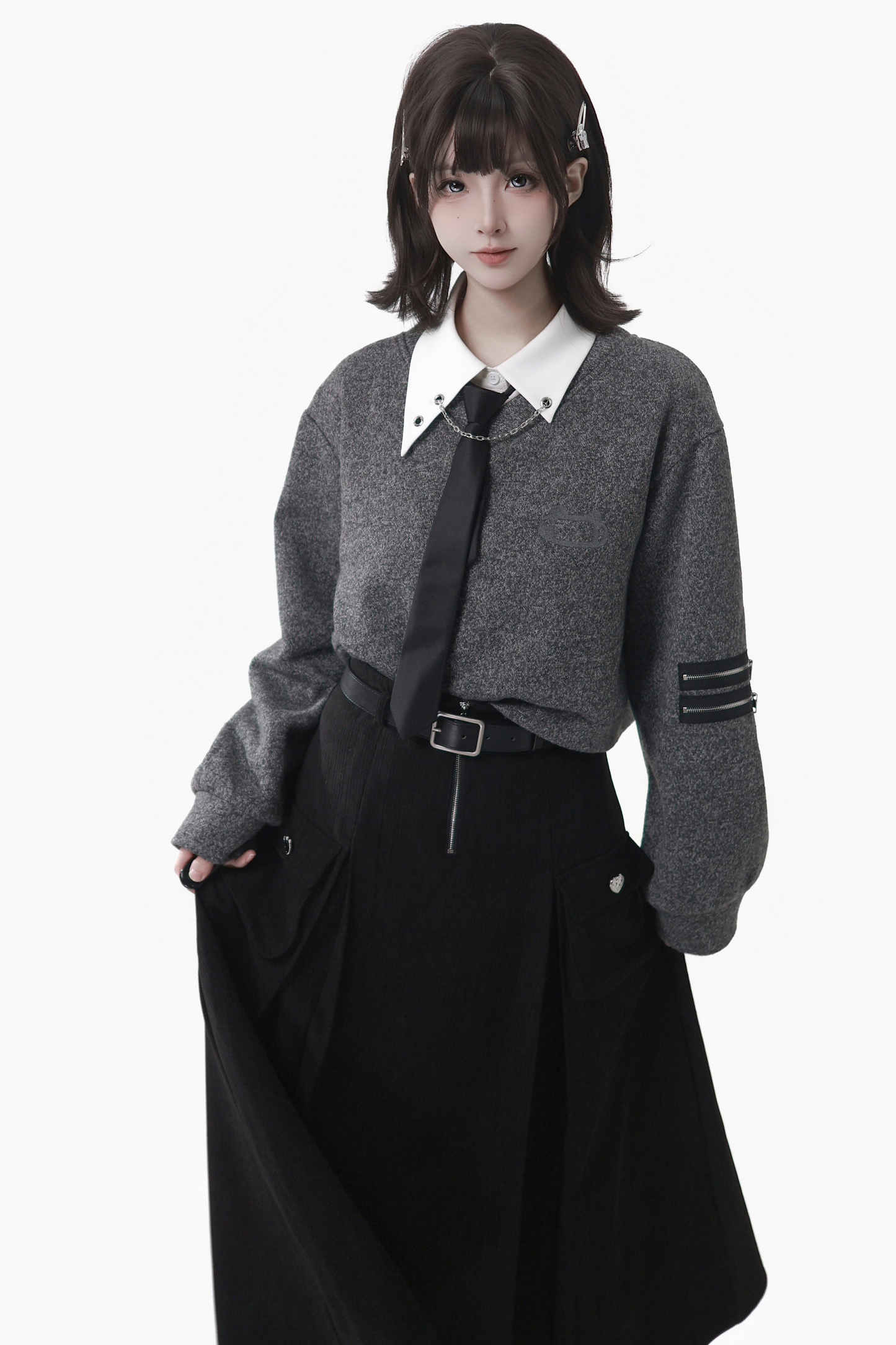 グレーウィンタープレッピーカレッジロングトップス+ショートトップス+スカート+パンツ+シャツ