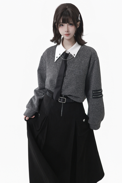 グレーウィンタープレッピーカレッジロングトップス+ショートトップス+スカート+パンツ+シャツ