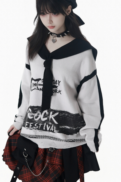 Dark Loose Sweater + Checked Asymmetrical Skirt