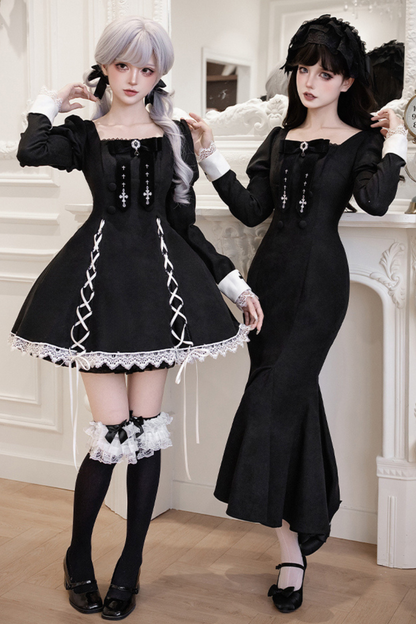 シックマーメイドドレス+レースアップショートドレス+マントコート+カラー+リボンブローチ