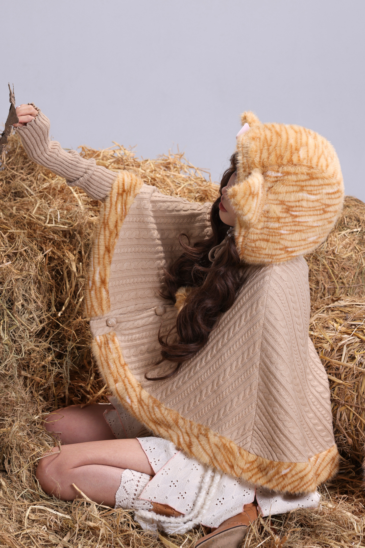 オレンジキャットニットフリースフォレストケープ