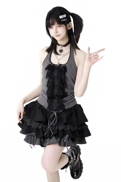 ヴィンテージショートカーディガン＋レースホルターネックトップス＋スカート