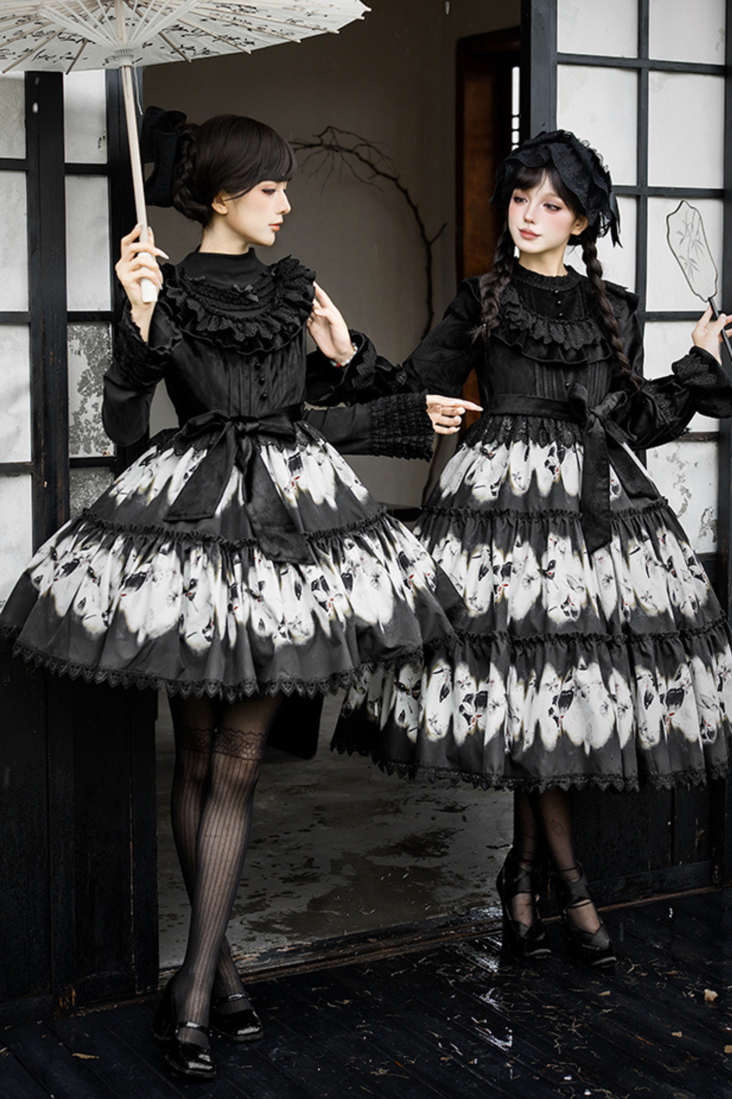 シックバタフライプリントスイングロリータドレス+ジャンパースカート+ヘアバンド+インナー+リボン