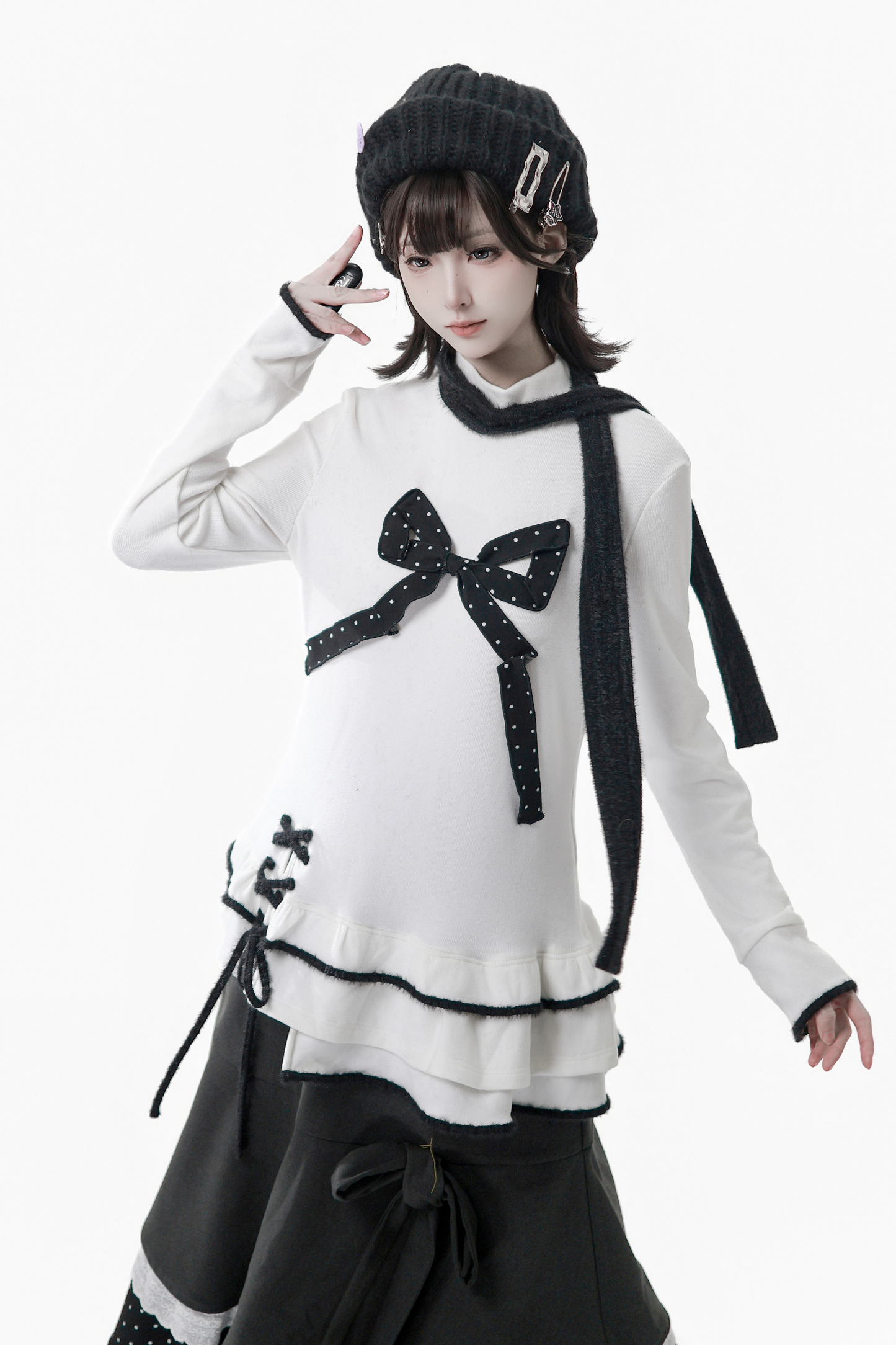 ポルカドットウィンターフリースジャケット+ベスト+トップス+スカートスカーフ