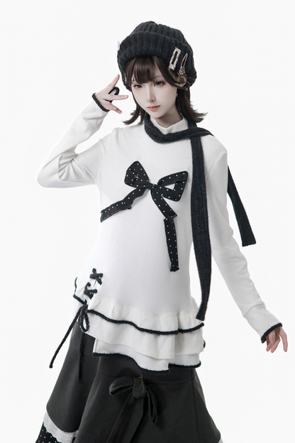 ポルカドットウィンターフリースジャケット+ベスト+トップス+スカートスカーフ