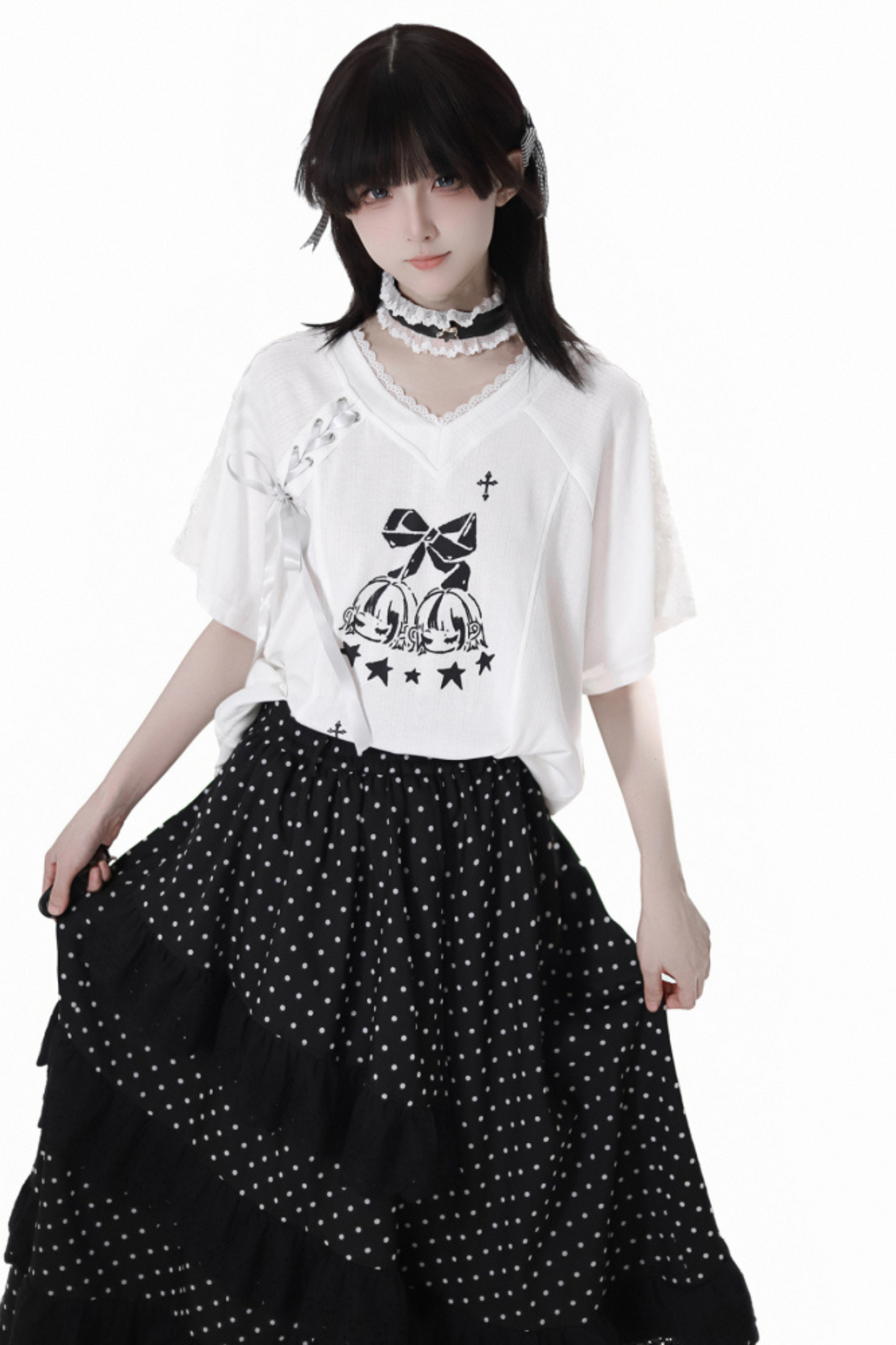 リボンルーズTシャツ+キュロット+アシメスカート