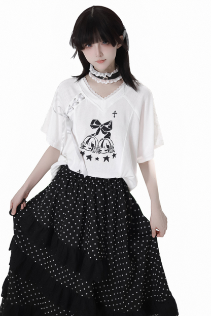 リボンルーズTシャツ+キュロット+アシメスカート