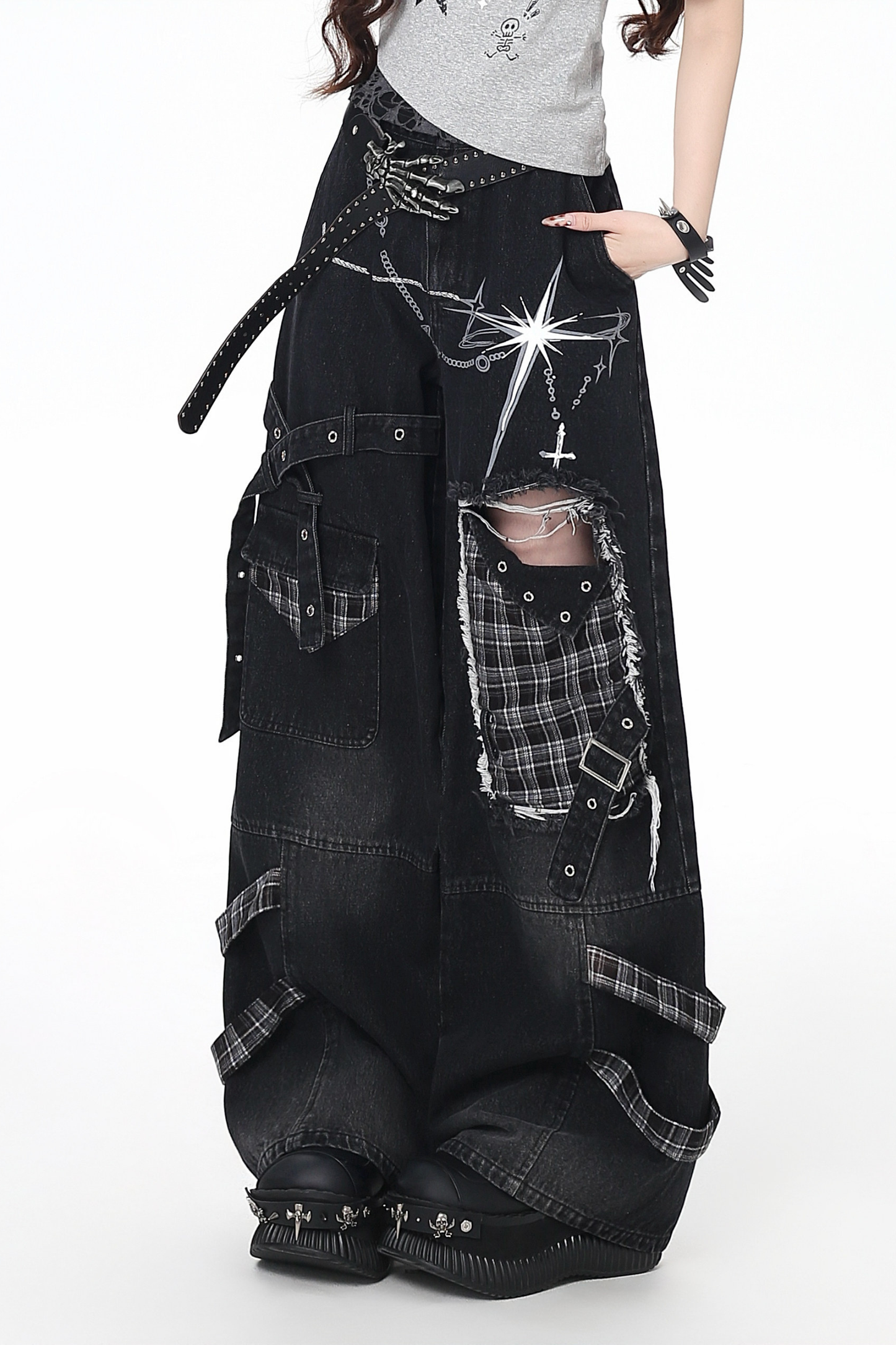 Plaid Patchwork Wide Denim Pants