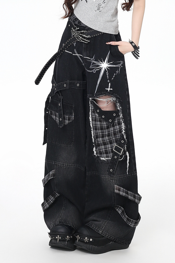 Plaid Patchwork Wide Denim Pants