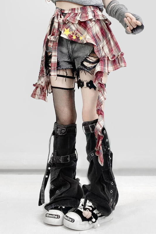 レトロブラックデニムパンツ+チェックカーテン