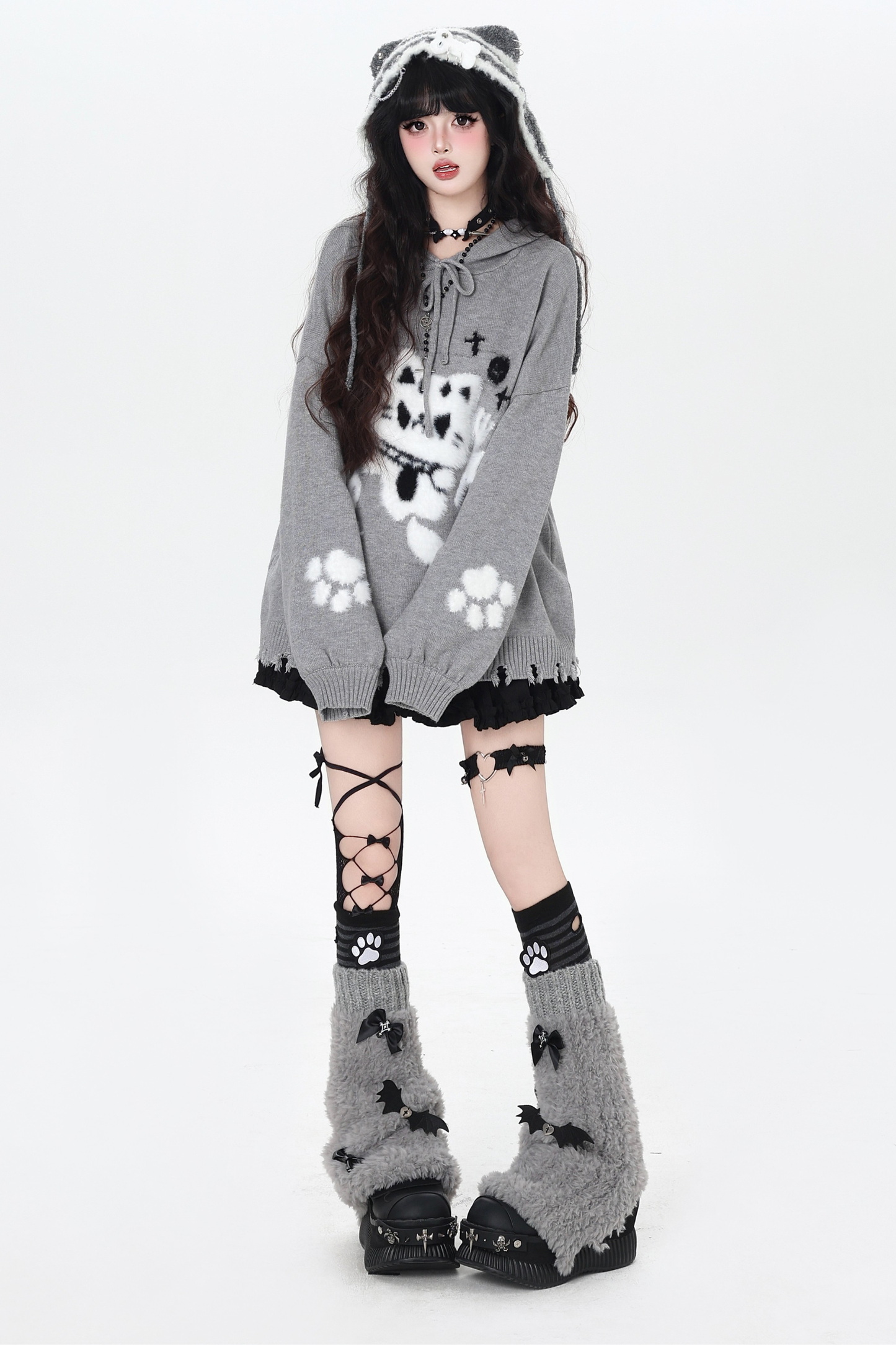 ナイトダークキャットルーズフードニット