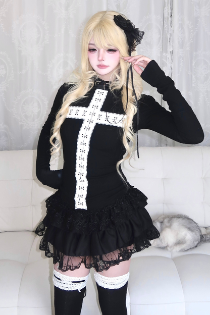 ゴシックレースクロストップス+スカート