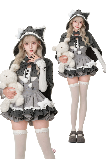 Black cat suspender skirt + cape + top