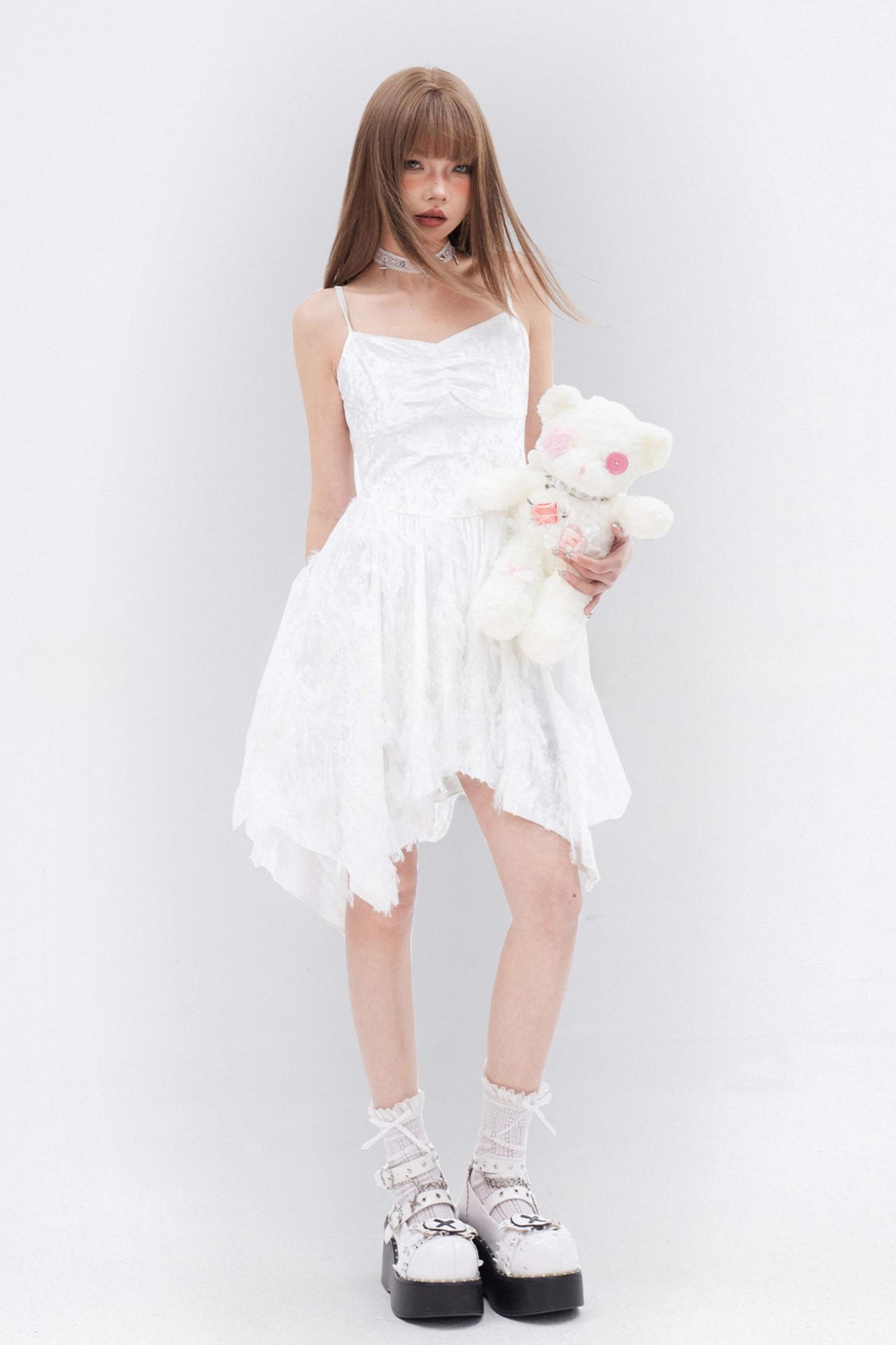 White Irregular Suspender Dress