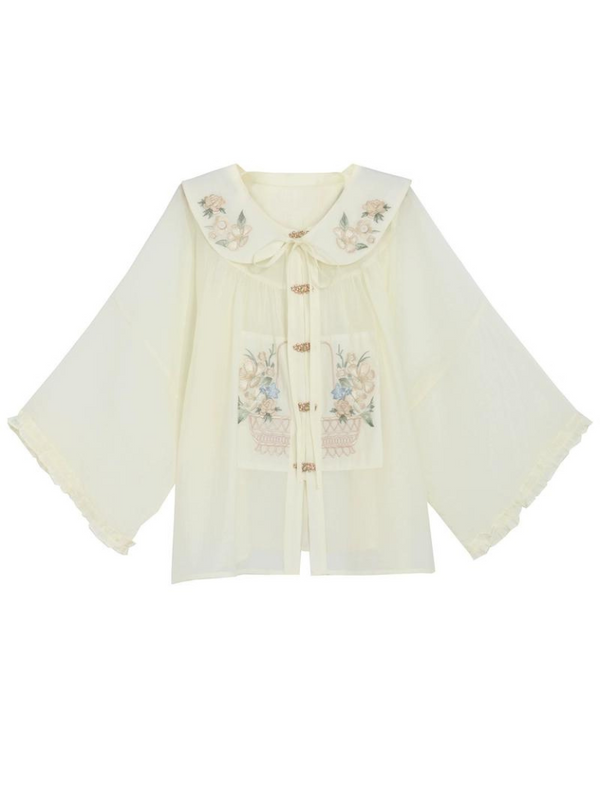 Forest China Attached Collar Sheer Frilled Shirt + Skirt [Reserved Item].