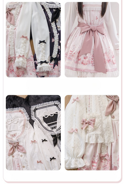 Sailor Color Sweetheart Print Dress + V-Neck Frilled Knit Cardigan