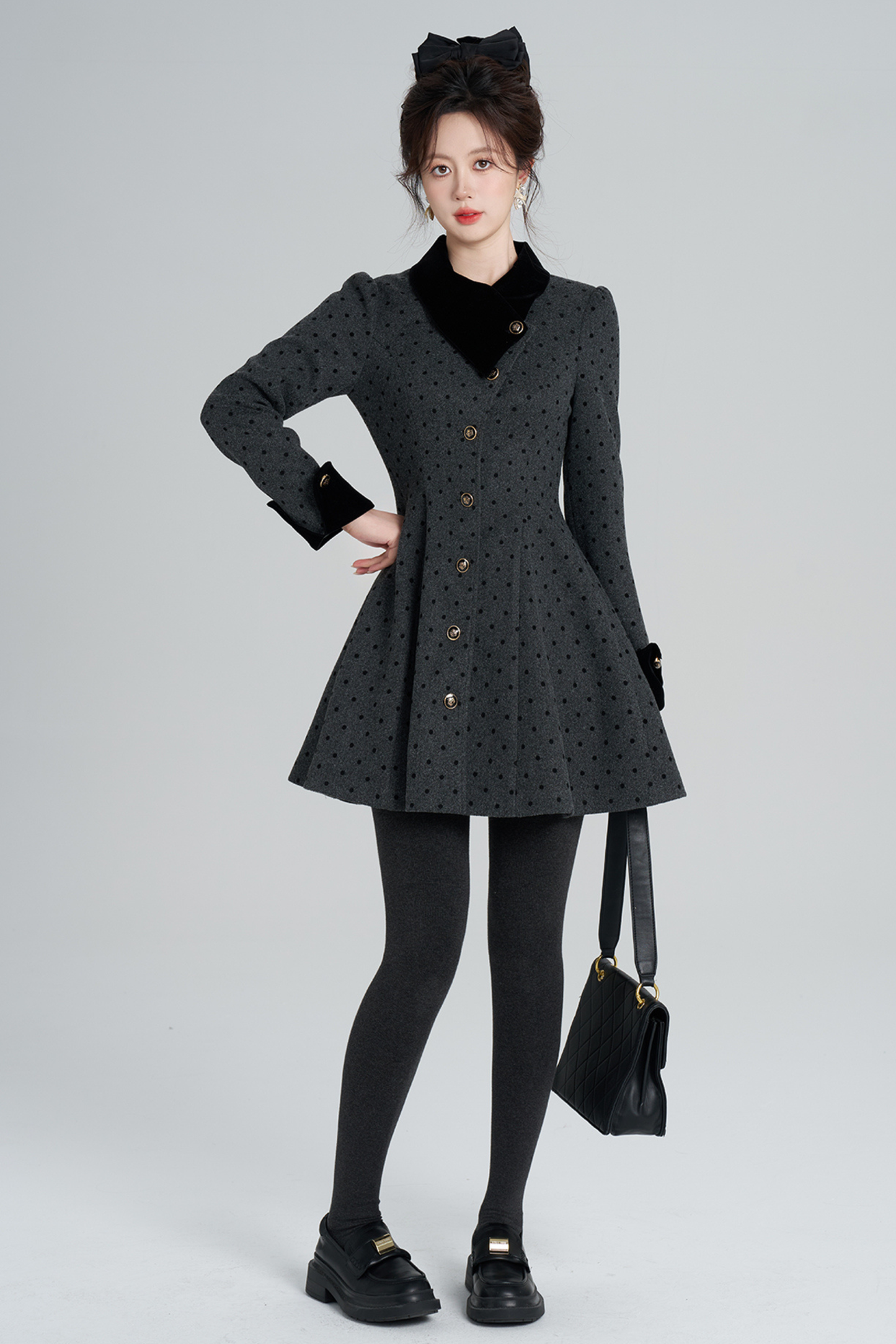 フレンチグレイポルカドットウールンコート