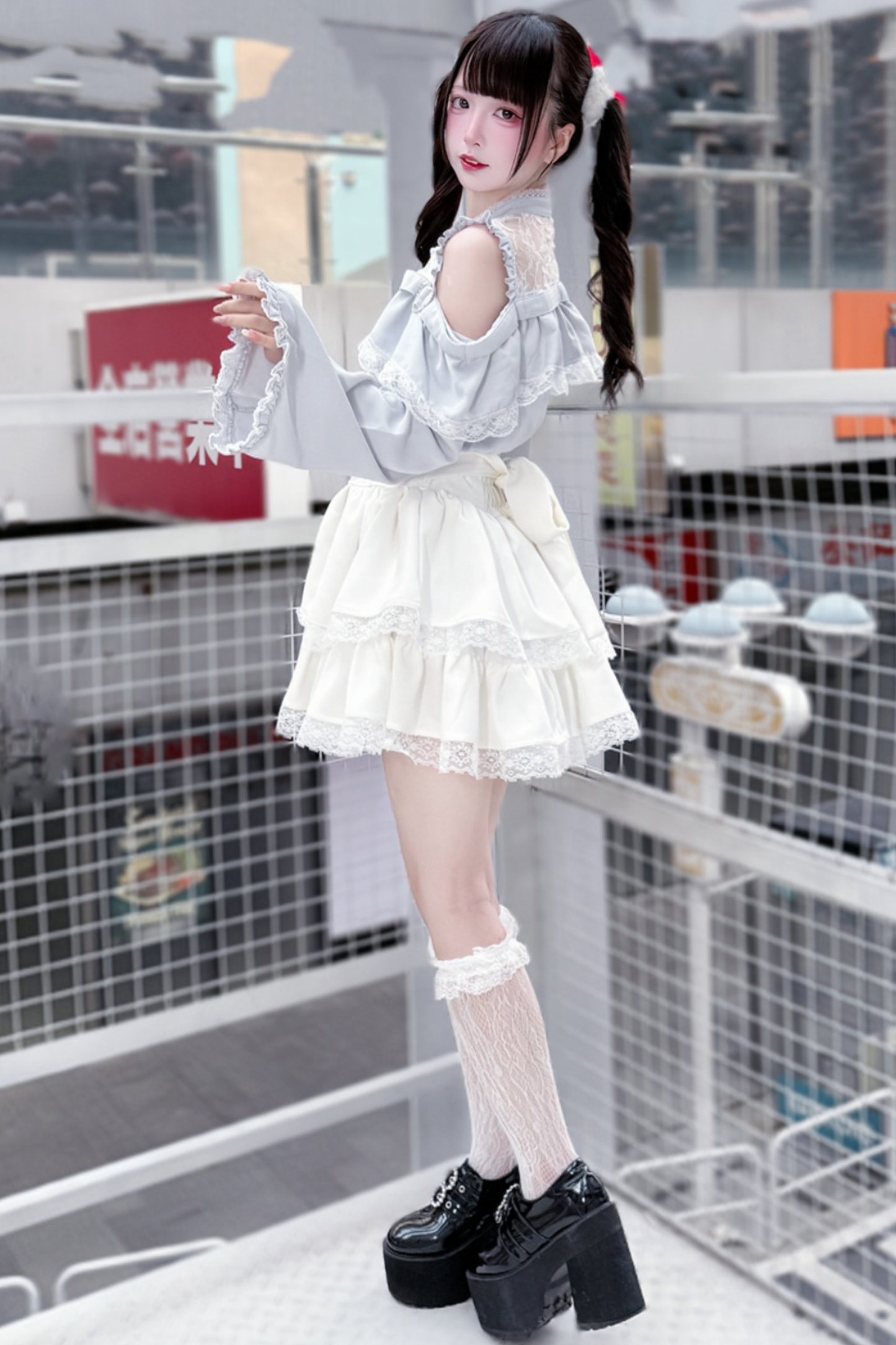 Lace off-the-shoulder shirt + lace-up skirt