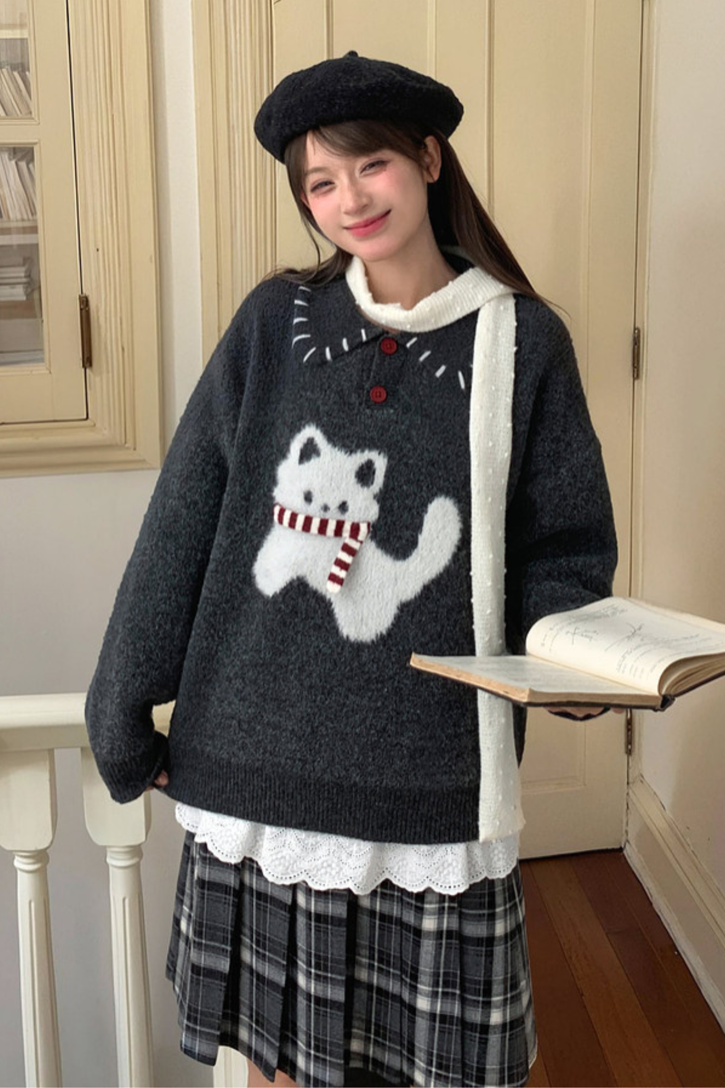 キャットニットセーター+スノーフレークカーディガン