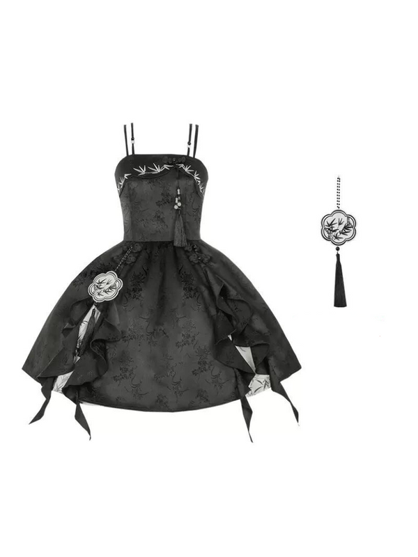 China Bamboo Floral Flower Print Suspender Dress [Pre-order item].