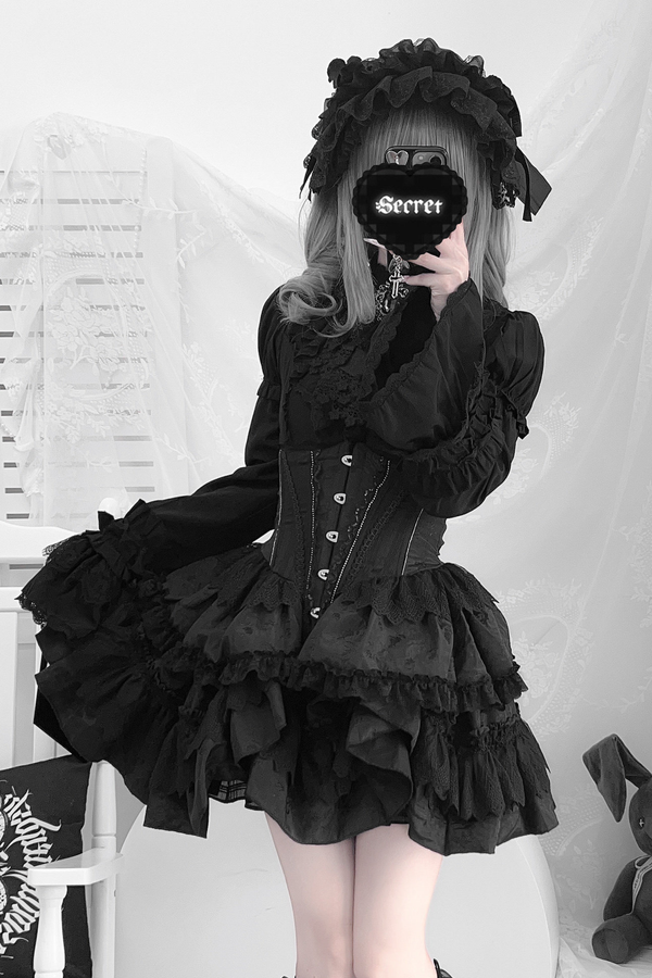 ゴシックフィッシュボーンスカート+シャツ+リボンカラー