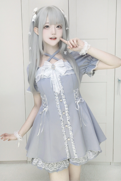 스퀘어넥 래글런 원피스 + 반바지