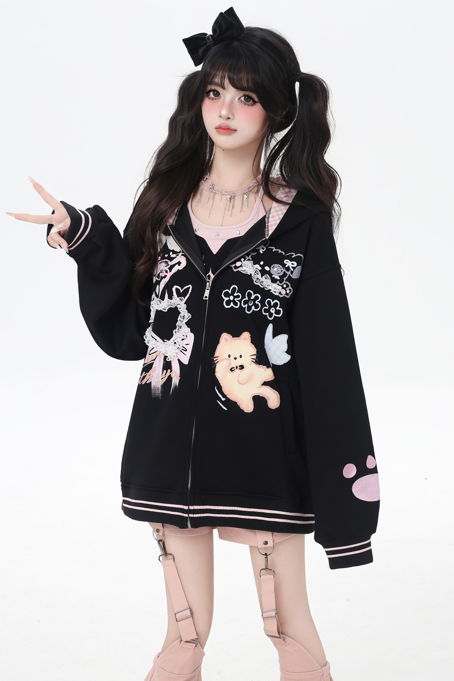Animal Illustration Loose Zip Hoodie