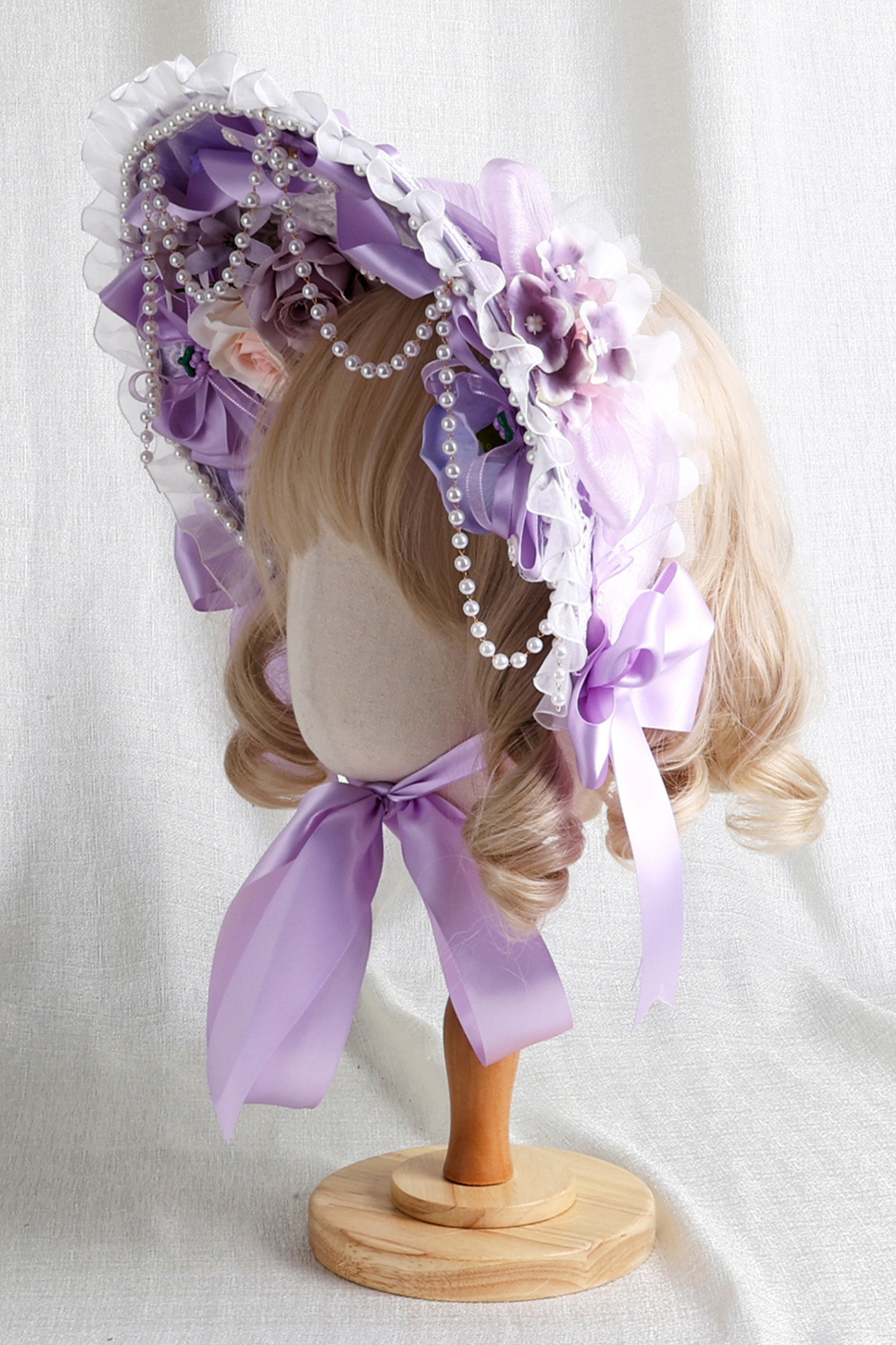 パープルブライダルリボンフラワーボンネット+ハットクリップ+ヘアバンド+リボンクリップ+スリーブ